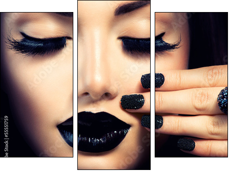 Beauty Fashion Girl with Trendy Caviar Black Manicure and Makeup - Three-piece canvas print, Triptych