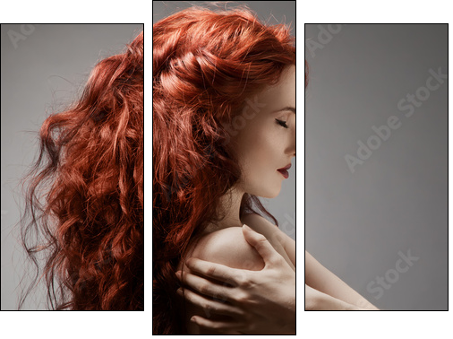 Beautiful woman with curly hairstyle against gray background - Three-piece canvas print, Triptych