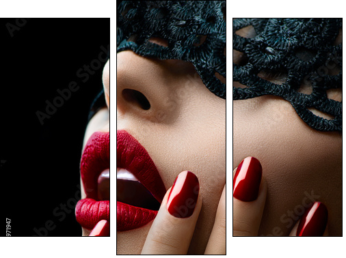 Beautiful Woman with Black Lace mask over her Eyes - Three-piece canvas print, Triptych
