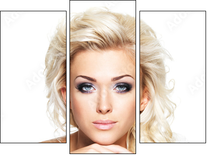 Beautiful blond woman with long curly hair and style makeup. - Three-piece canvas print, Triptych