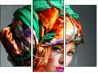photo of redheaded girl in a head-dress from the coloured fabric - Three-piece canvas print, Triptych