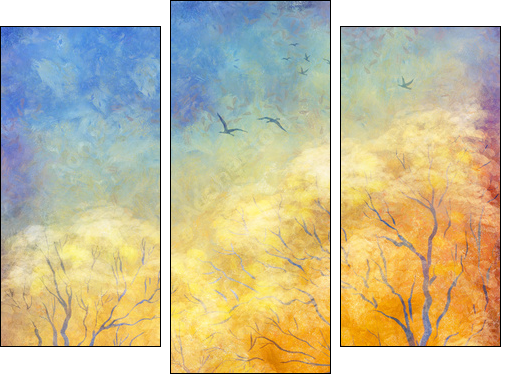 Digital oil painting autumn trees, flying birds - Three-piece canvas print, Triptych