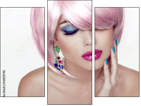 Makeup. Sexy lips. Beauty Girl Portrait with Colorful Makeup, Co - Three-piece canvas print, Triptych