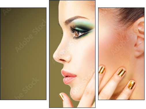 Glamour woman with beautiful golden nails and emerald ring - Three-piece canvas print, Triptych