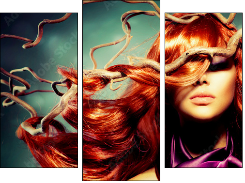 Fashion Model Woman Portrait with Long Curly Red Hair - Three-piece canvas print, Triptych