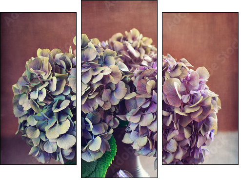 purple hydrangea flowers and a wooden heart on a table. - Three-piece canvas print, Triptych