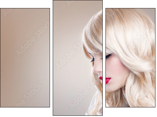 Blonde Woman Portrait. Beautiful Blond Girl with Long Wavy Hair - Three-piece canvas print, Triptych