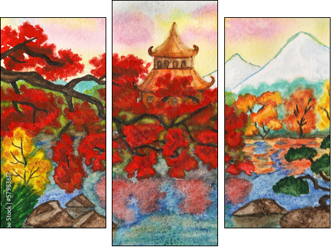 Autumn in Japan, painting - Three-piece canvas print, Triptych