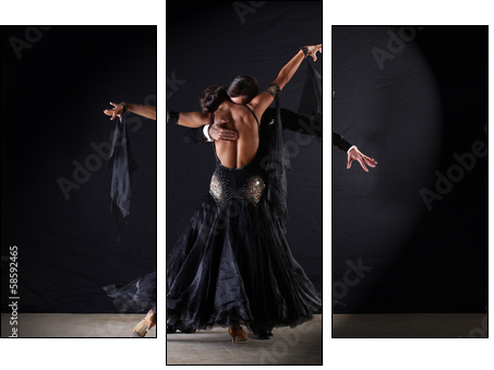 Latino dancers in ballroom against on black background - Three-piece canvas print, Triptych