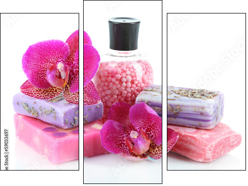 Sea salt, soap and orchid isolated on white - Three-piece canvas print, Triptych
