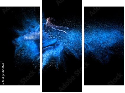 Young beautiful dancer jumping into blue powder cloud - Three-piece canvas print, Triptych