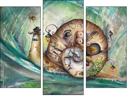 Snail with his house.Picture created with watercolors. - Three-piece canvas print, Triptych