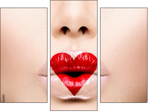 Beauty Sexy Lips with Heart Shape paint. Valentines Day - Three-piece canvas print, Triptych