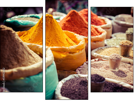 Indian colored spices at local market. - Three-piece canvas print, Triptych