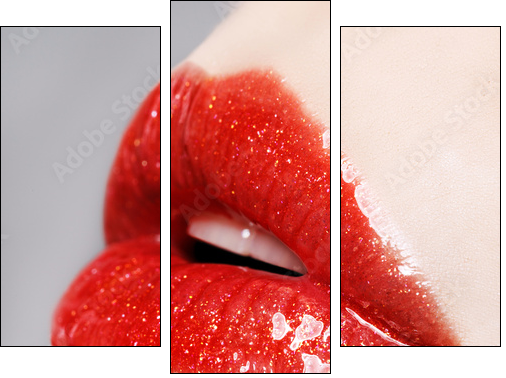 Beautiful female with red shiny lips close up - Three-piece canvas print, Triptych