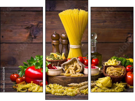 Variety of uncooked pasta and vegetables - Three-piece canvas print, Triptych