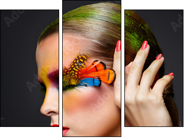 Woman with fashion feather eyelashes make-up - Three-piece canvas print, Triptych