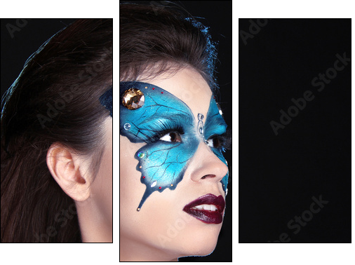 Face art portrait. Fashion Make up. Butterfly makeup on face bea - Three-piece canvas print, Triptych