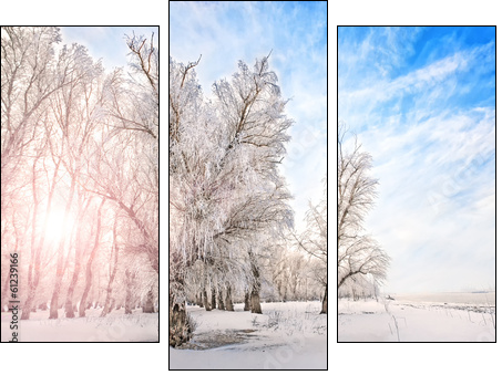Winter time with river, trees and bright sun on a side - Three-piece canvas print, Triptych