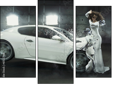 Alluring fashionable lady in the middle of car crash - Three-piece canvas print, Triptych