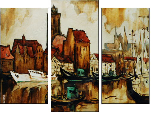 old harbour in the german city wismar, painting by oil on canvas - Three-piece canvas print, Triptych