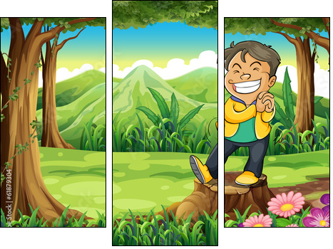 A happy young man standing above the stump at the forest - Three-piece canvas print, Triptych