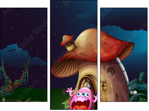 A scared monster near the mushroom house - Three-piece canvas print, Triptych