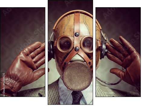 Vintage gas mask and headphones - Three-piece canvas print, Triptych