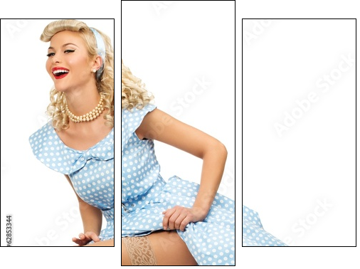 Sexy blond pin up style young woman in blue dress - Three-piece canvas print, Triptych
