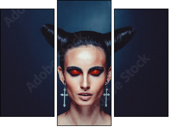 Beautiful woman in carnival costume. witch shape with Horns. - Three-piece canvas print, Triptych