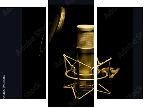 golden microphone isolated on black background - Three-piece canvas print, Triptych