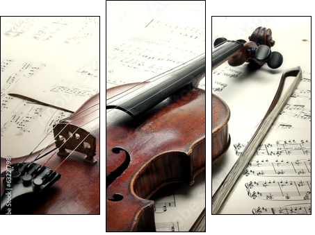 Old scratched violin with sheet music. Vintage style. - Three-piece canvas print, Triptych