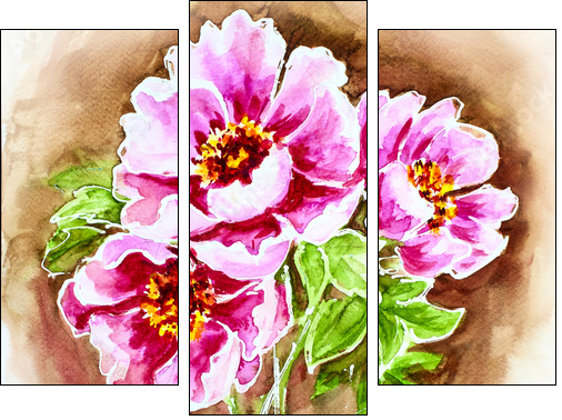 Painted watercolor card with peony flowers - Three-piece canvas print, Triptych