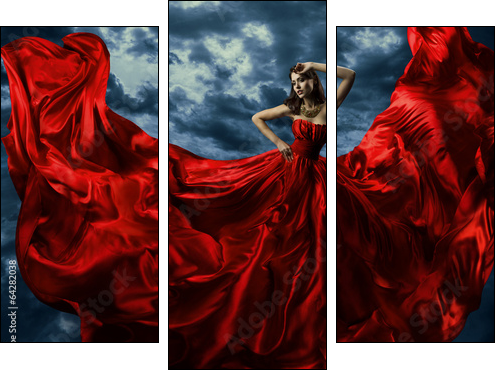 Woman in red evening dress, waving gown with flying long fabric - Three-piece canvas print, Triptych