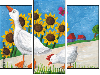 Goose with hen on village way - Three-piece canvas print, Triptych