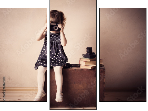 little girl with retro camera on  suitcase indoor - Three-piece canvas print, Triptych