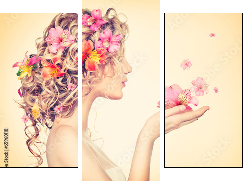 Beauty girl takes beautiful flowers in her hands - Three-piece canvas print, Triptych