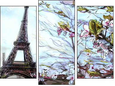 Street in paris. Eiffel tower - illustration - Three-piece canvas print, Triptych