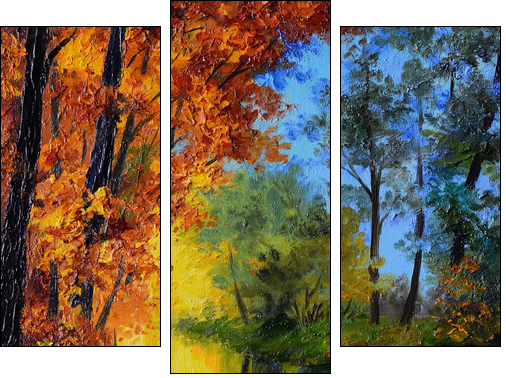 Oil Painting - autumn forest with a river - Three-piece canvas print, Triptych