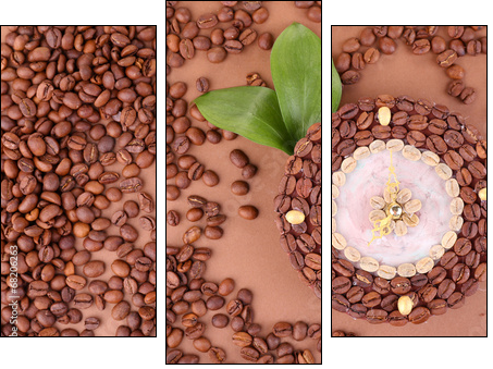 Beautiful clock of coffee beans, on brown background - Three-piece canvas print, Triptych