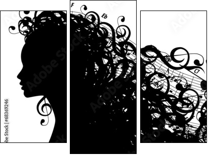 Vector Silhouette of Female Head with Musical Symbols - Three-piece canvas print, Triptych