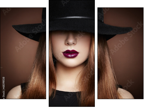 Fashion photo of young magnificent woman in hat. Girl posing - Three-piece canvas print, Triptych