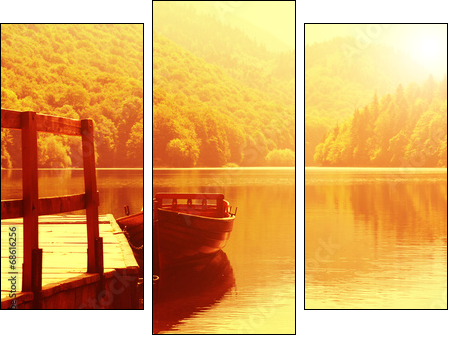 Wooden boat at pier on mountain lake - Three-piece canvas print, Triptych