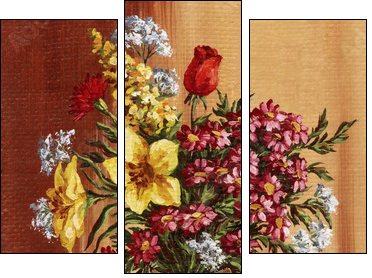 Painting, garden flowers in a clay amphora - Three-piece canvas print, Triptych