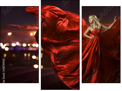 woman dancing in silk dress, artistic red blowing gown waving - Three-piece canvas print, Triptych