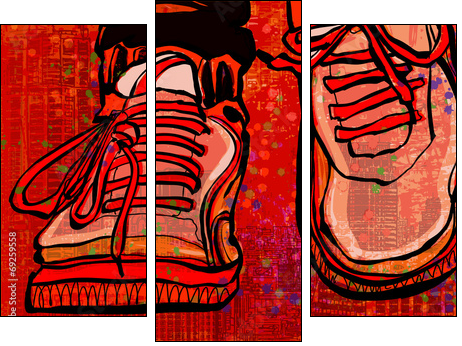 Basketball shoes over a grunge city background - Three-piece canvas print, Triptych