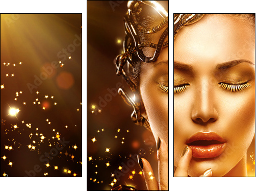 Model girl face with gold skin, nails, make-up and accessories - Three-piece canvas print, Triptych