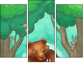 bear is racing on bicycle in the forest - Three-piece canvas print, Triptych