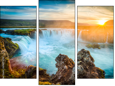 Iceland, Godafoss at sunset, beautiful waterfall, long exposure - Three-piece canvas print, Triptych