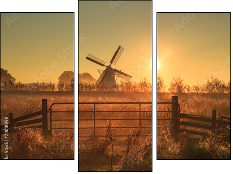 Fence and windmill in the Dutch countryside. - Three-piece canvas print, Triptych